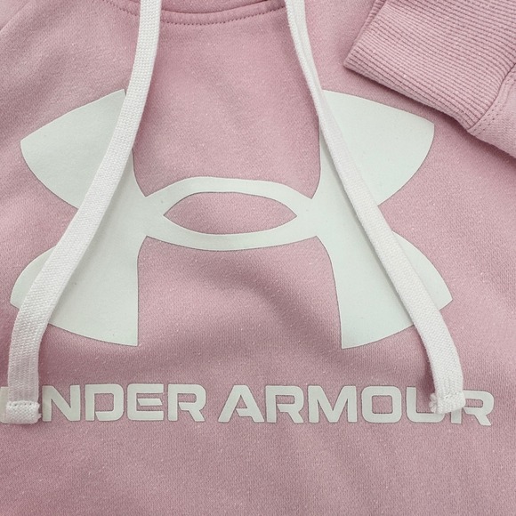 Under Armour Women Sz Large Pink Logo Hoodie Sweatshirt Loose Fit Cotton Blend - Picture 4 of 10